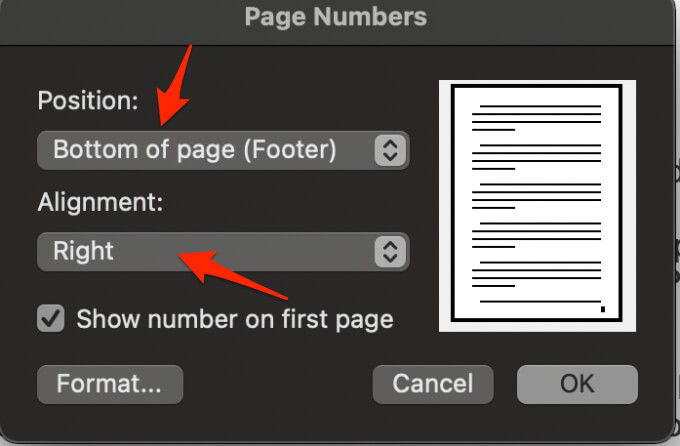 set first page on page numbers for word mac